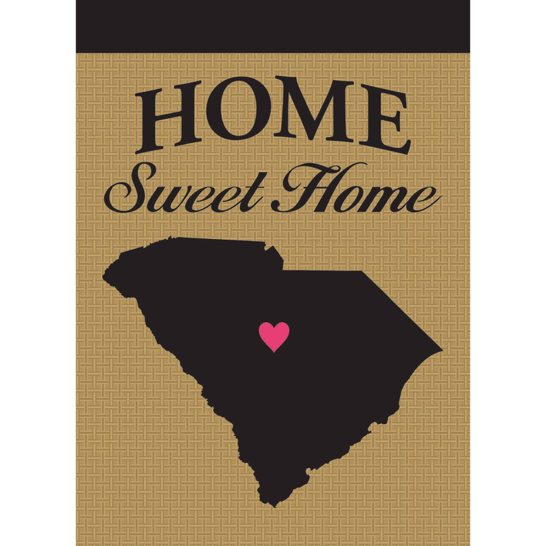 South Carolina flag with black state silhouette, pink heart, and HOME Sweet Home text