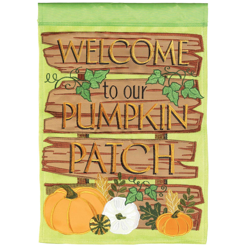 Burlap garden flag reading 'Welcome to our Pumpkin Patch' with pumpkins