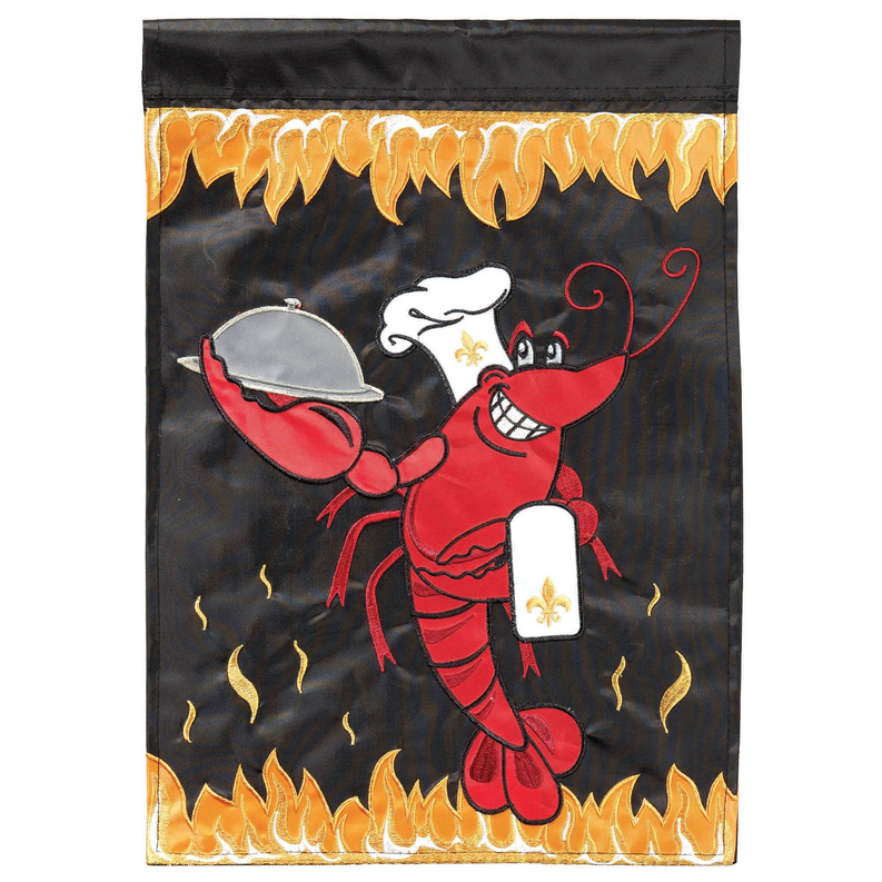 Black garden flag with red crawfish holding trident and fleur-de-lis emblem