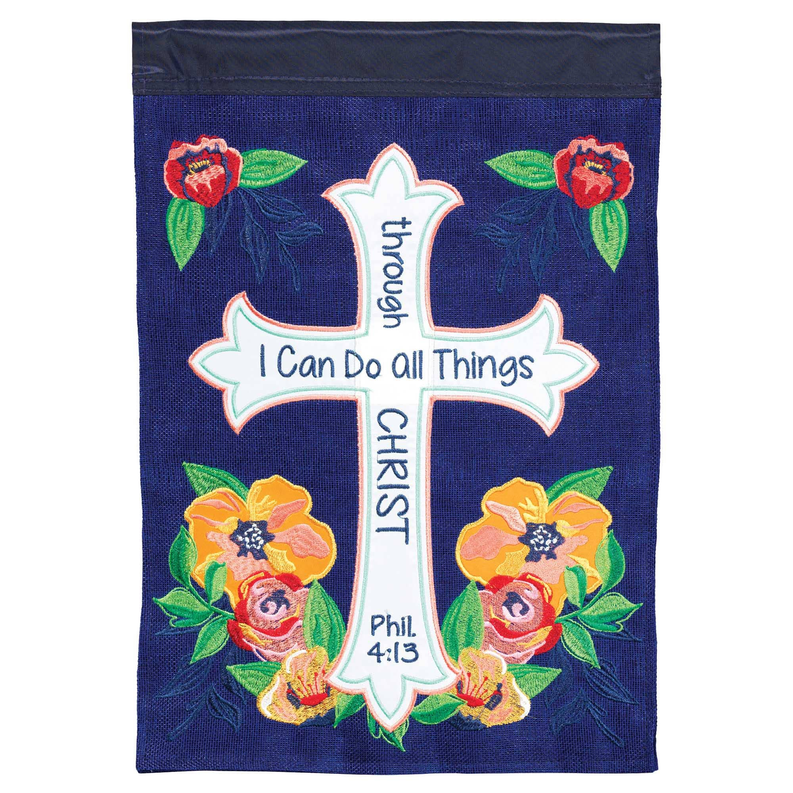 Polyester garden flag close-up with floral wreath and center cross reading 'I Can Do All Things'