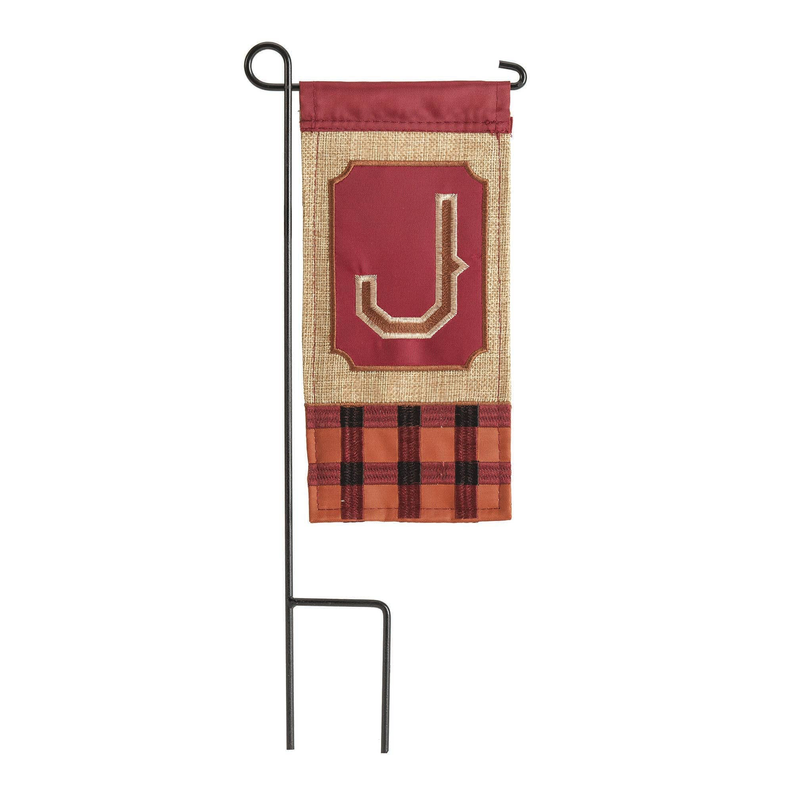 Hanging mini flag with burlap letter J applique, burgundy top, and plaid bottom