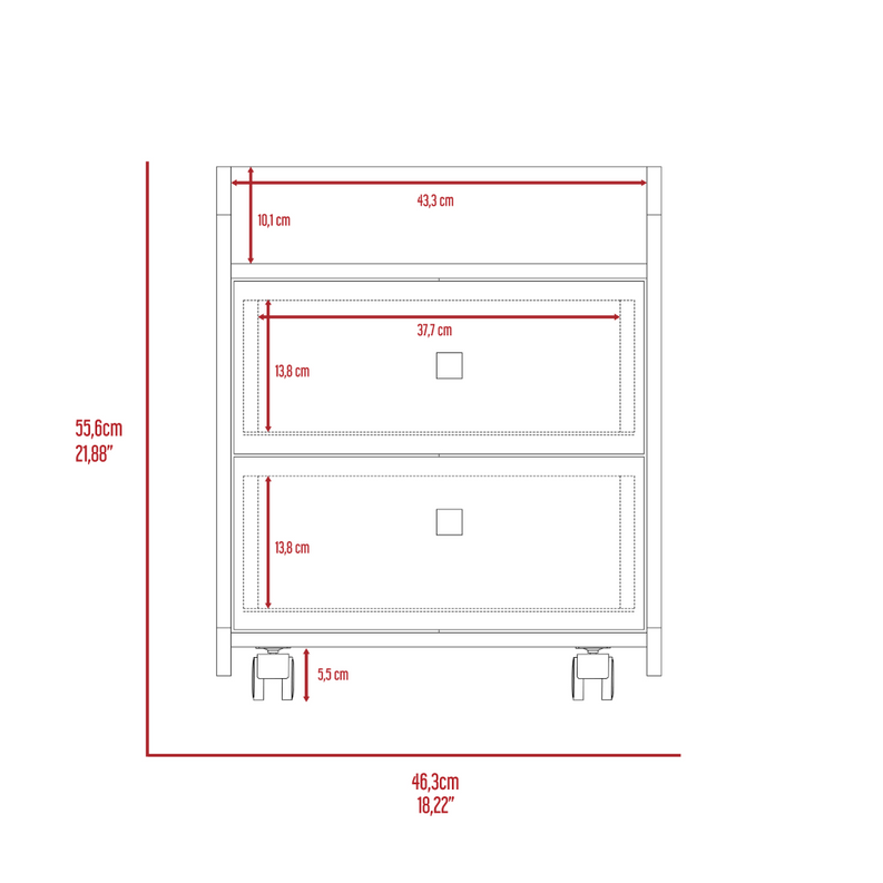 Nightstand dimension diagram showing two drawers and open top shelf