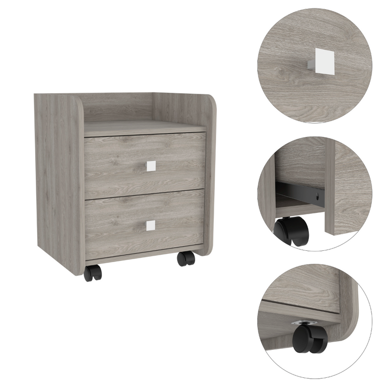 Light gray oak nightstand with curved design, two drawers, black caster feet