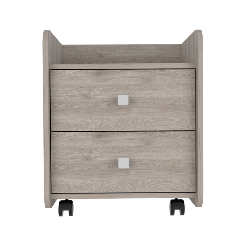 Light gray oak nightstand with open top shelf, two drawers, black caster feet