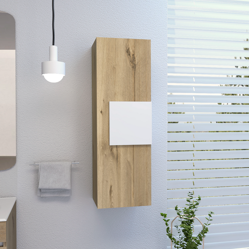 Light wood linen cabinet with white front panel and concealed handle