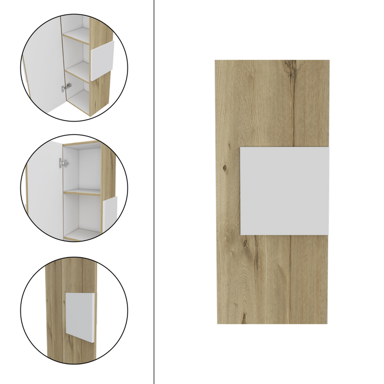 Light wood linen cabinet with open door showing white interior shelves