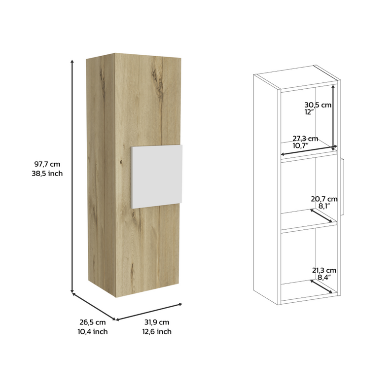 Light wood linen cabinet with white door panel and size dimensions