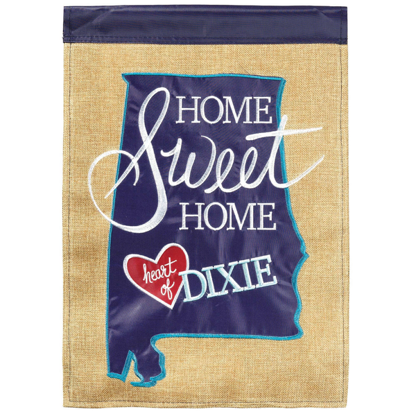 Burlap house flag with Heart of Dixie blue and white graphic