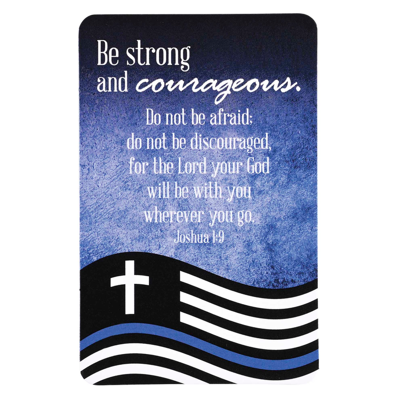 Pocket card with blue and black text 'Be strong and courageous,' cross and wave stripes