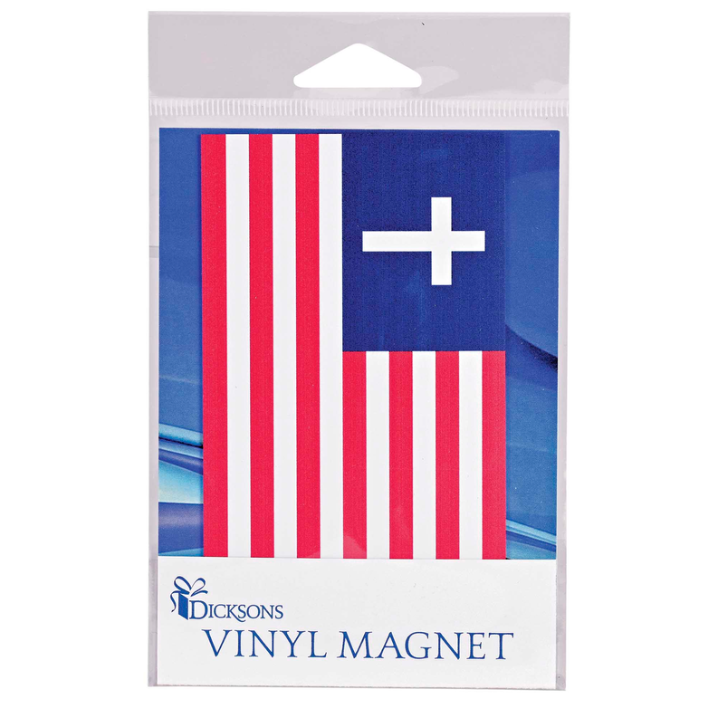 Vinyl magnet flag in retail package with white cross and red-and-white stripes