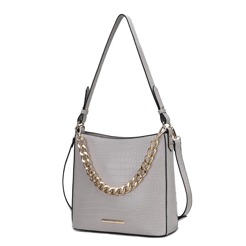 Light gray croc-texture shoulder bag with chain strap and top zip