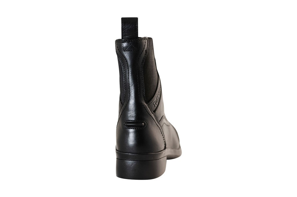 Black leather paddock boots, back view, low heel and pull-on ankle shaft