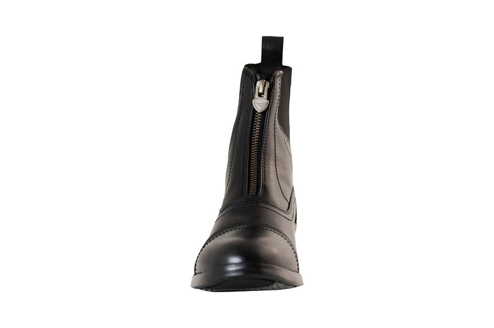 Black leather ankle paddock boot with side zipper and low block heel