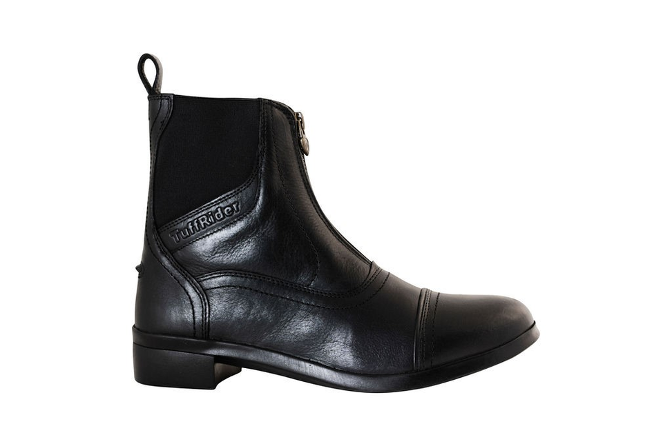 Black leather pull-on paddock boot with TuffRider logo and low heel