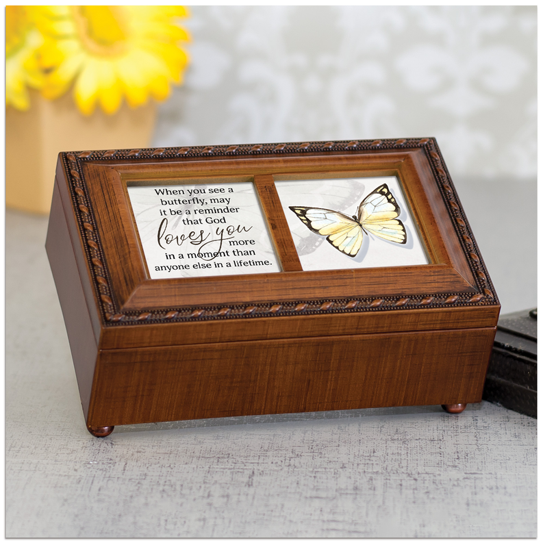 Wooden music box with butterfly and scripture text inside front panel
