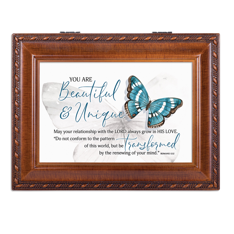 Wood music box front view with glass panel, teal butterfly, “You Are Beautiful & Unique”