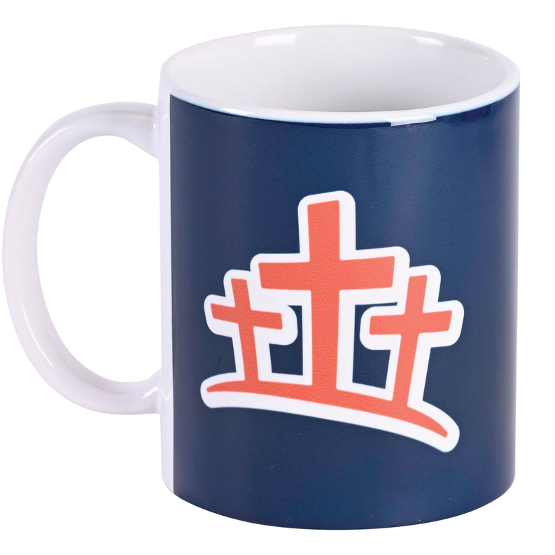 11 oz ceramic mug with orange cross design on dark blue