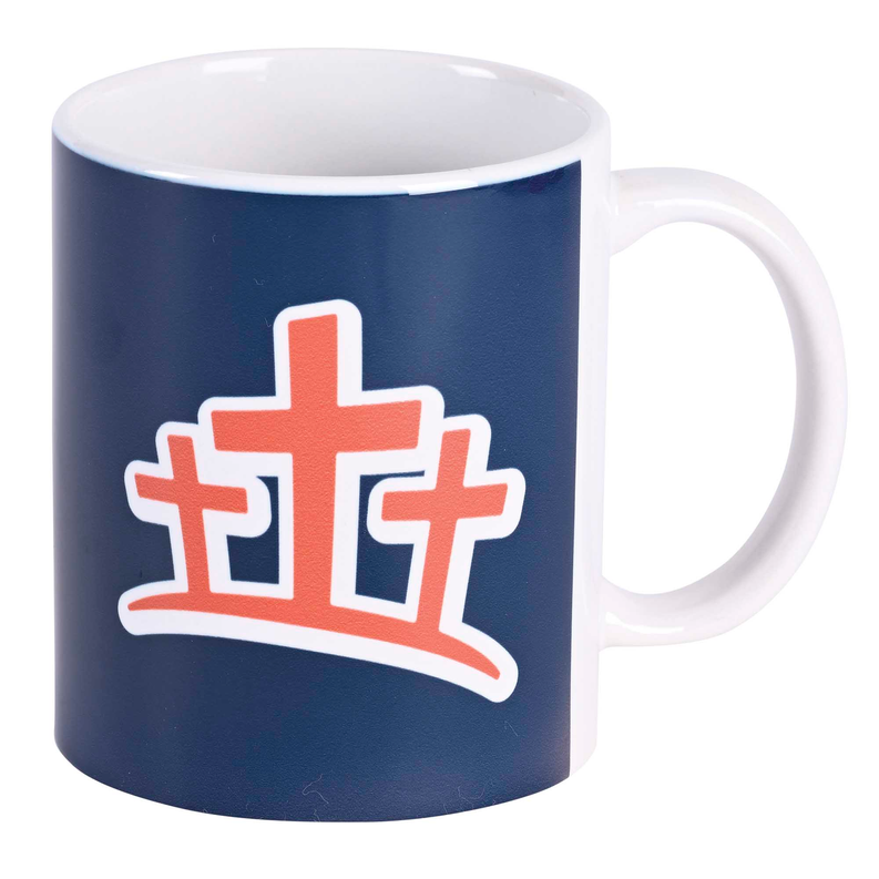 11 oz ceramic mug with large orange cross graphic and white handle