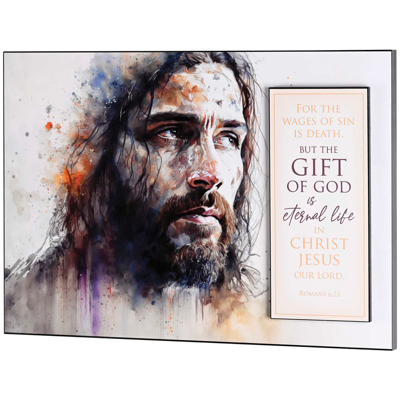 Stacked wall plaque with watercolor bearded portrait and framed scripture quote panel