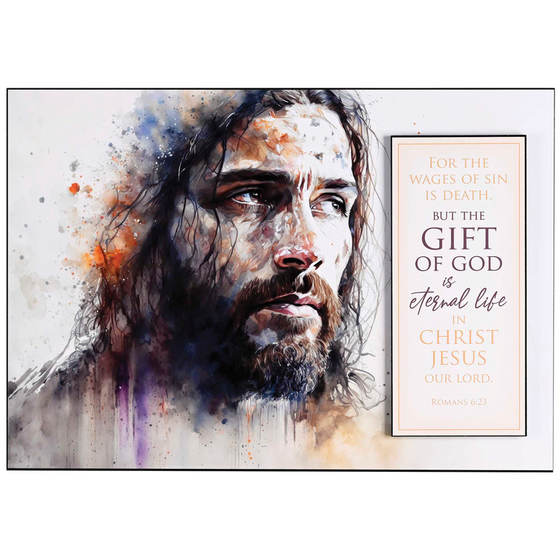 Stacked wall plaque with bearded portrait and framed scripture text, Romans 6:23