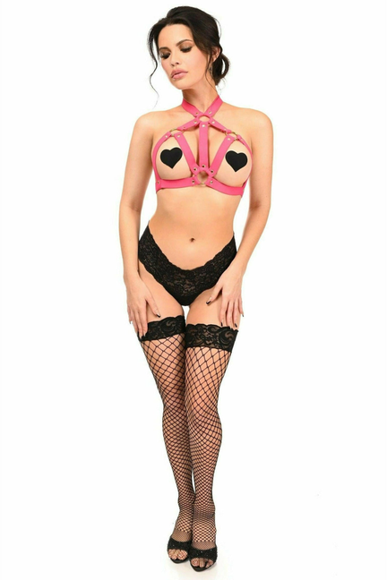 Pink body harness with metal rings, heart chest panels, black lace shorts and fishnets