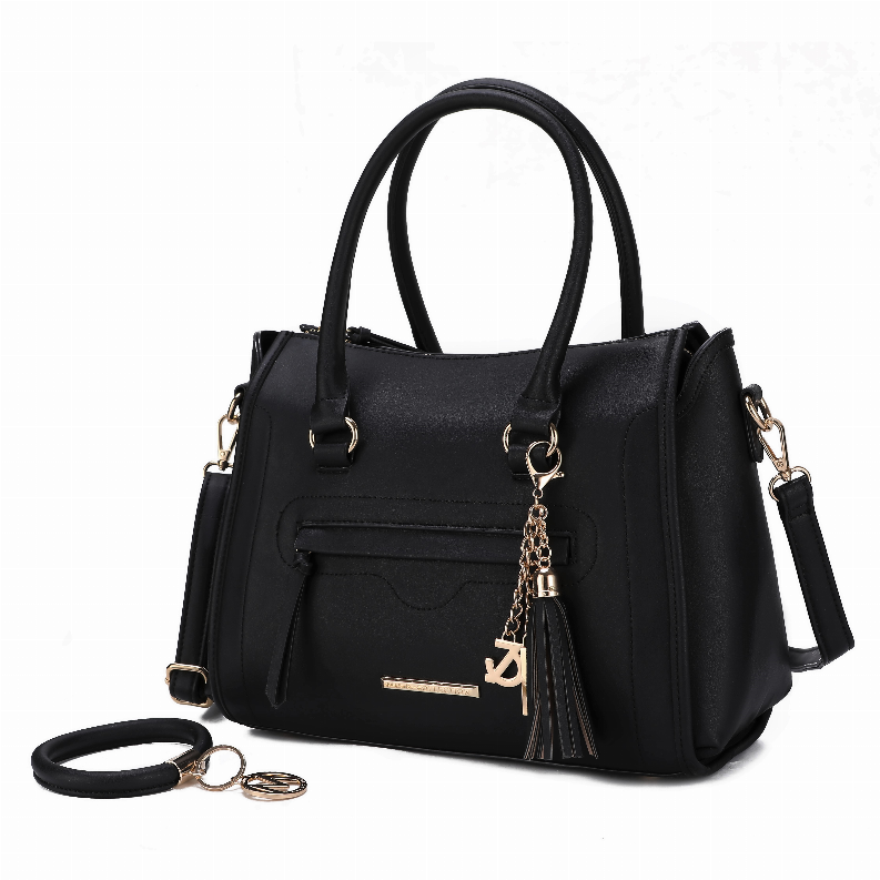 Black satchel bag with keyring chain, top handles and front pocket