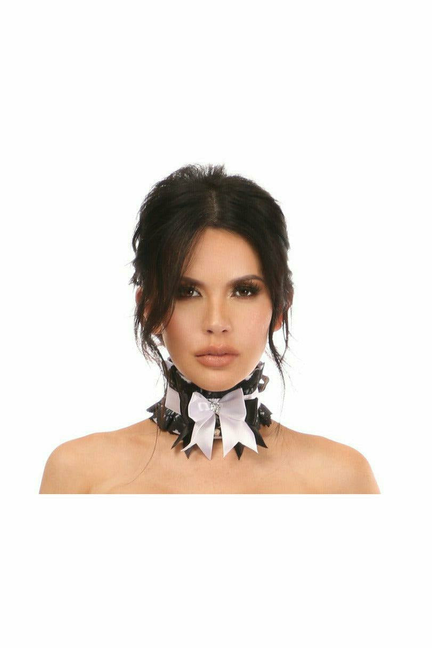 Lace choker with black band, white ruffle layers, and ribbon bow at front