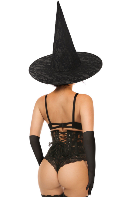 Black witch corset lingerie back view with pointed hat, lace, fishnet stockings, gloves