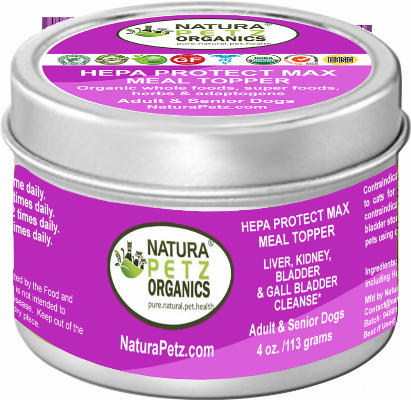 Silver meal topper jar with purple HEPA Protect Max label for liver, kidney, bladder & gall bladder