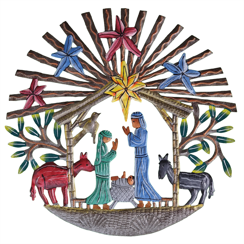Painted nativity creche scene with animals and multicolor star figures