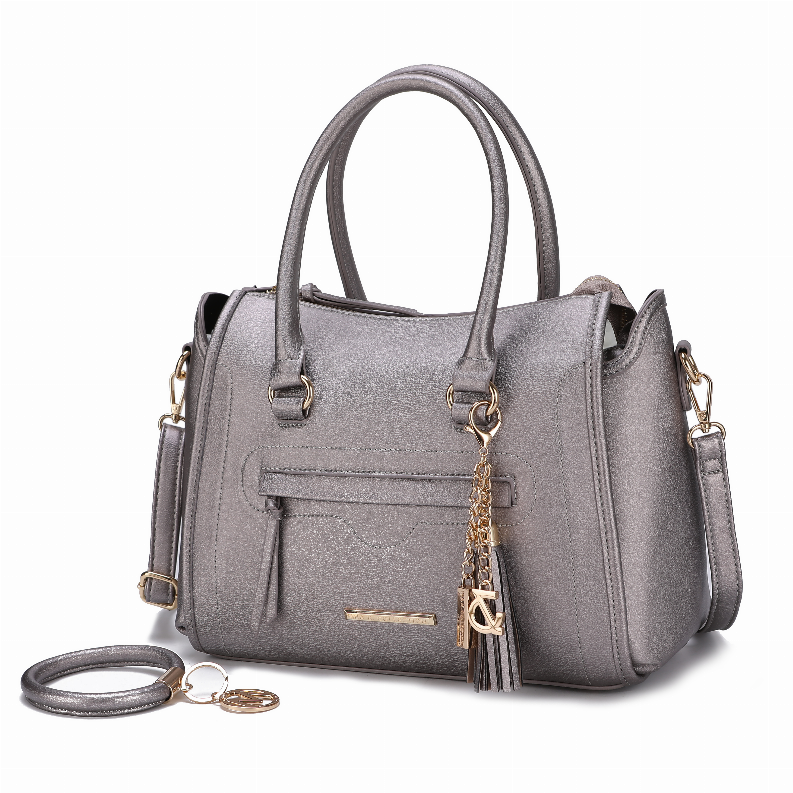 Grey satchel with side handle straps, front flap pocket, keyring and wrist strap
