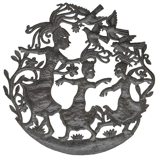 Round decorative metal wall art with cutout figures playing, dark gray finish