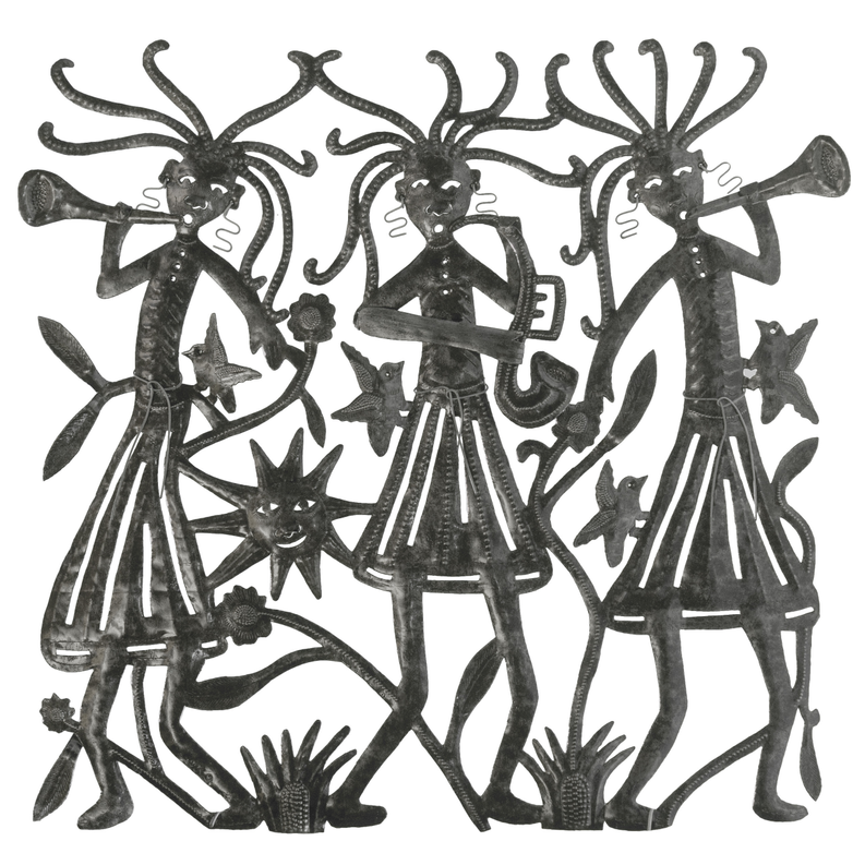 Metal cutout wall art: three girl musicians silhouettes with instruments
