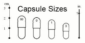Capsule size chart diagram with four capsule shapes labeled 00, 0, 1, and 3