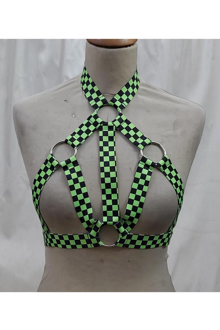 Green checkered stretchy body harness with silver-tone metal rings and cross straps