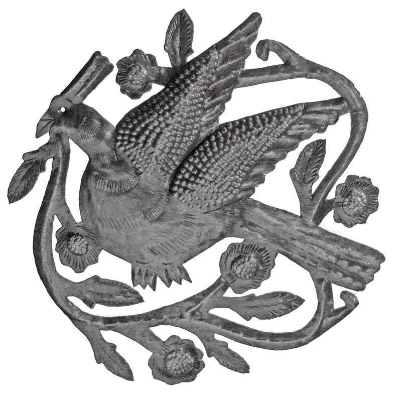 Recycled steel crowned bird wall ornament with detailed feather and crown design