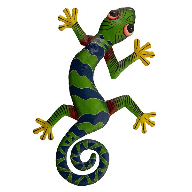 Large painted gecko #2 figurine, green and blue stripes, red eyes, yellow feet, white tail spiral