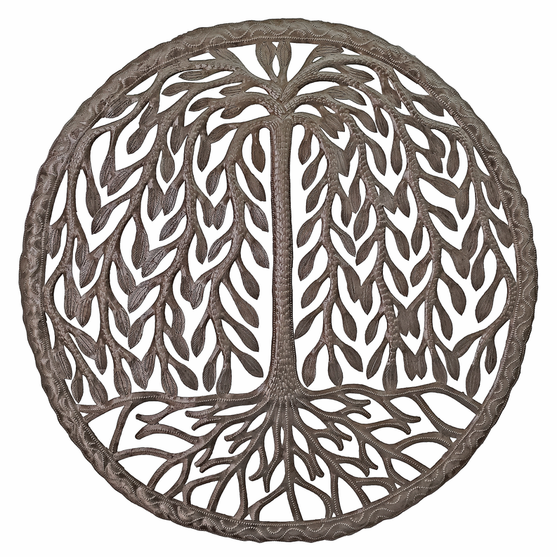 Brown circular metal wall decor with willow tree cutout and leaf border