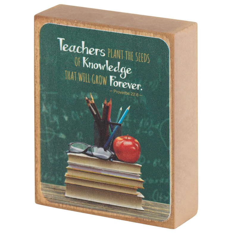 3x4 tabletop wood plaque with teal teacher-themed art, books, pencils, and apple graphic