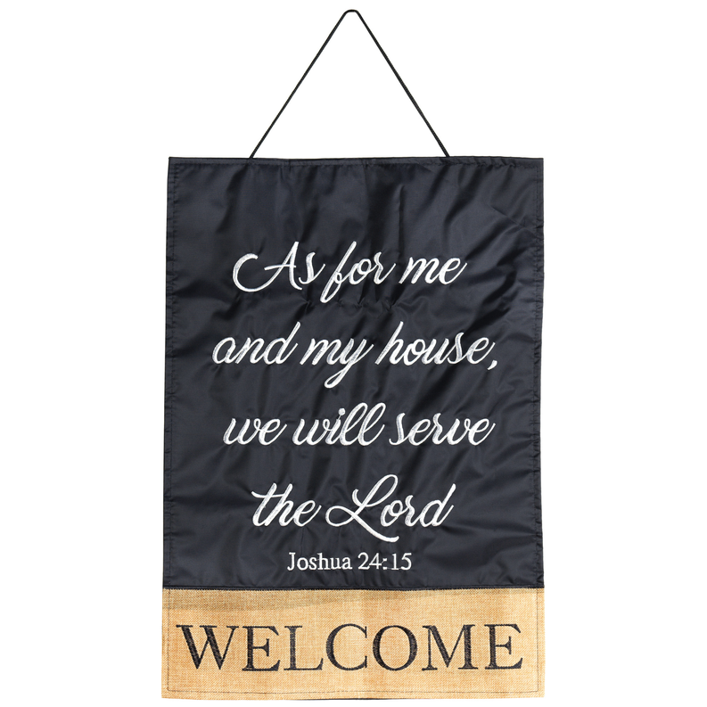 Black door hanger with white scripture text and wood-look “WELCOME” panel