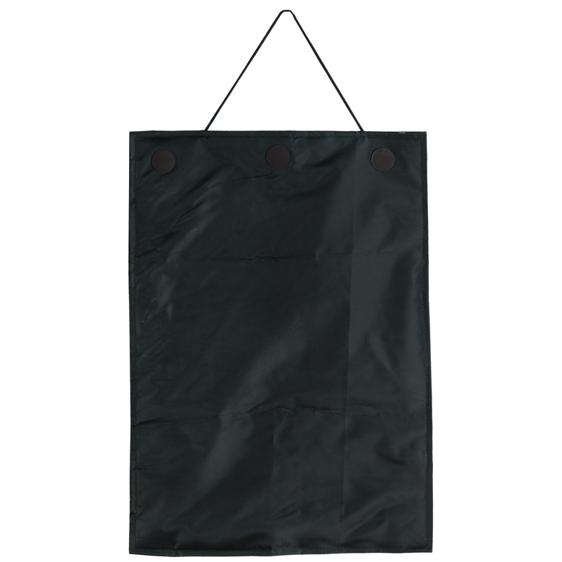 Black fabric door hanger with top hanging loop and three metal grommets