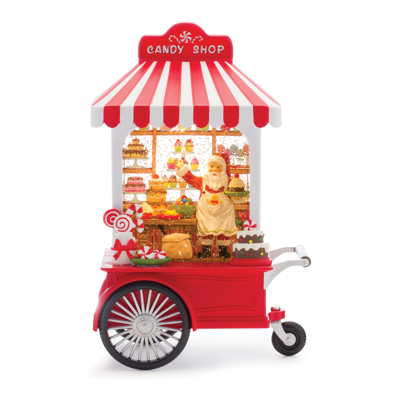 Red LED snow globe candy shop cart with striped awning and Santa figures inside