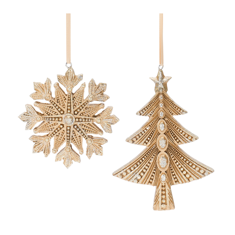 Glittered snowflake and pine tree ornaments, gold tone, with hanging loops