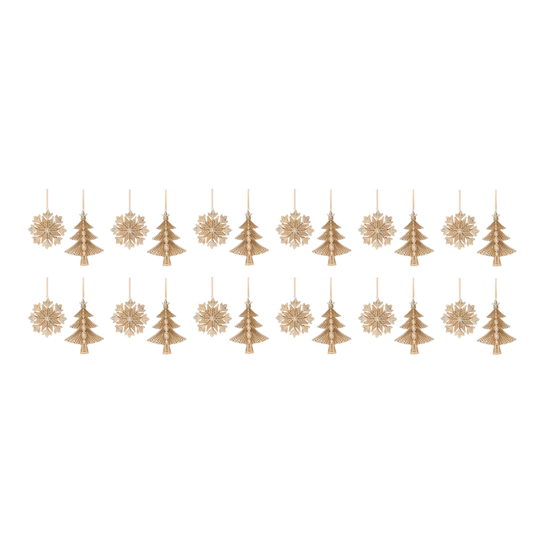 Set of glittered snowflake and pine tree ornaments with hanging cords, gold tone