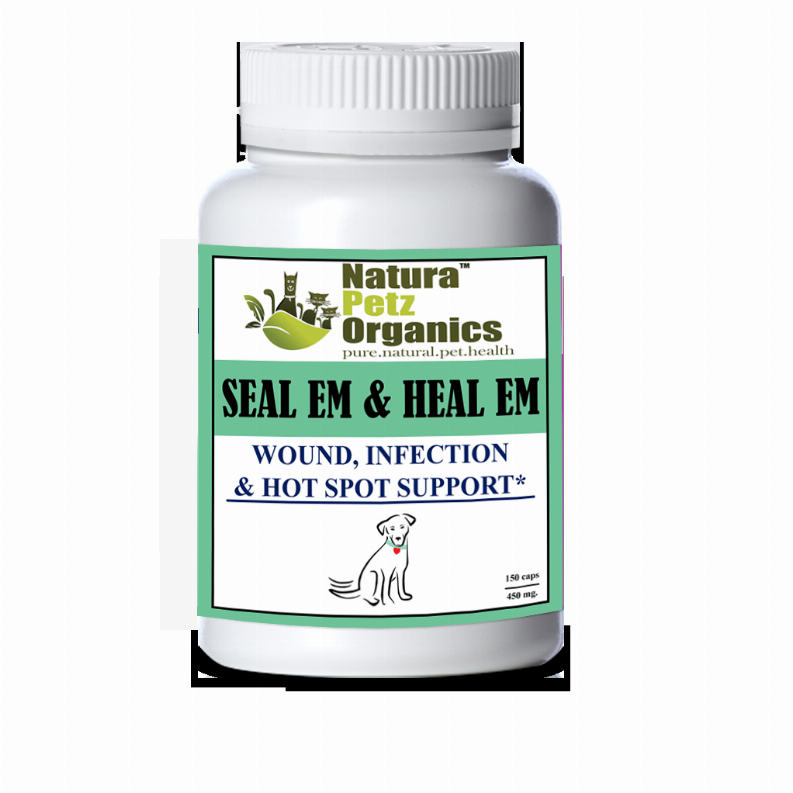 Seal Em & Heal Em capsules bottle with Natura Petz Organics label, 150 caps