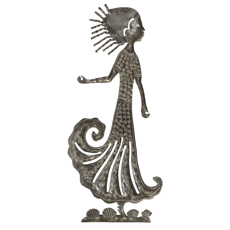 Full-length metal lady figurine in a long flowing dress with swirl and fan details