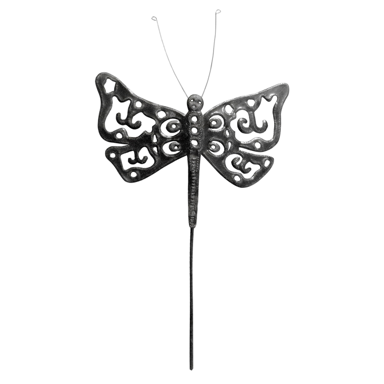 Metal dragonfly stake with ornate filigree wings, black finish.