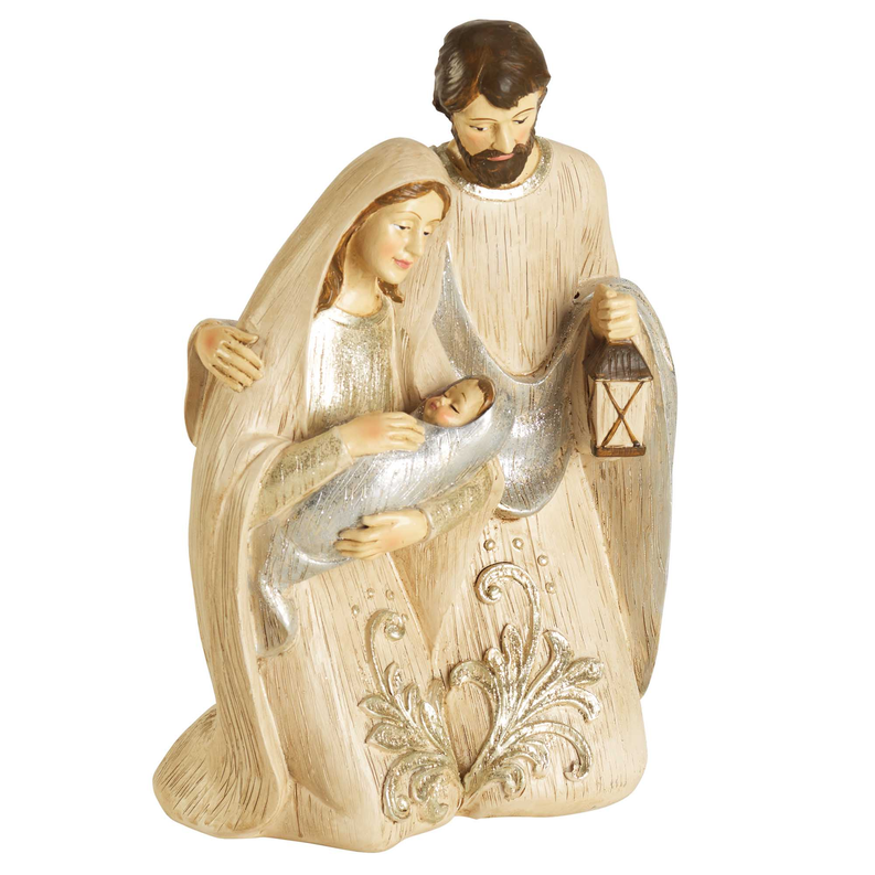 Holy Family kneeling figurine of Mary, Joseph, and baby Jesus with lantern detail