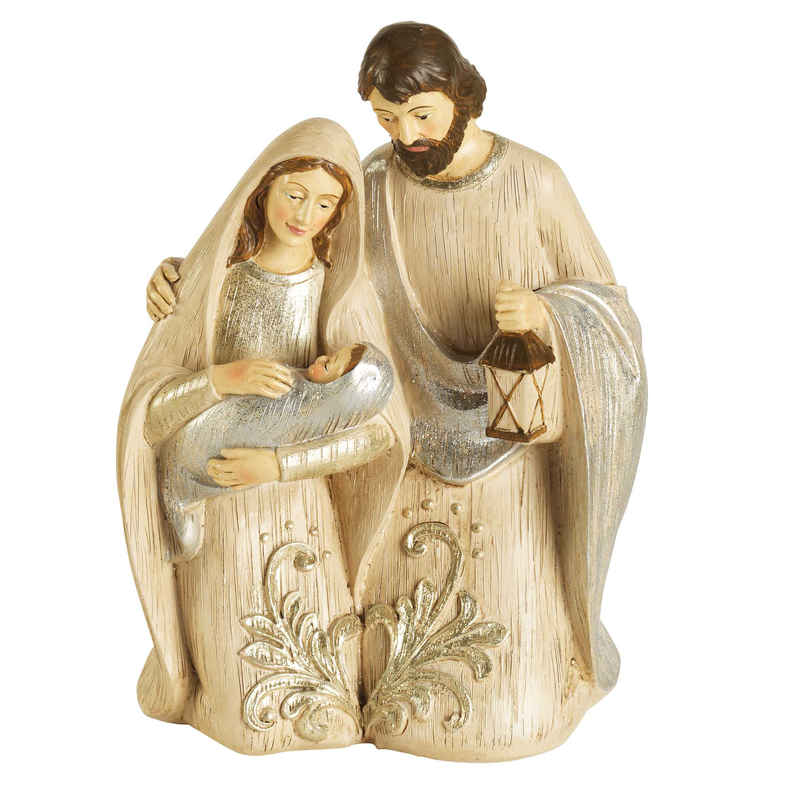 Holy Family kneeling figurine with Mary holding baby, Joseph holding lantern