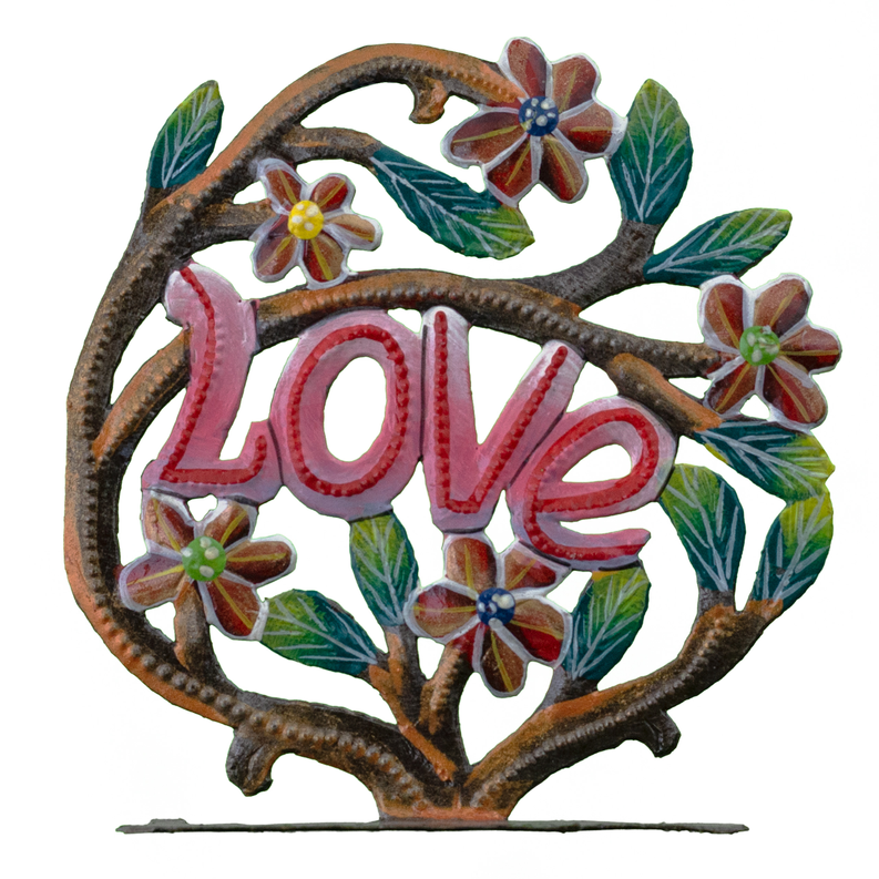 Freestanding painted love tree decor with colorful flowers and leaves, heart-shaped frame
